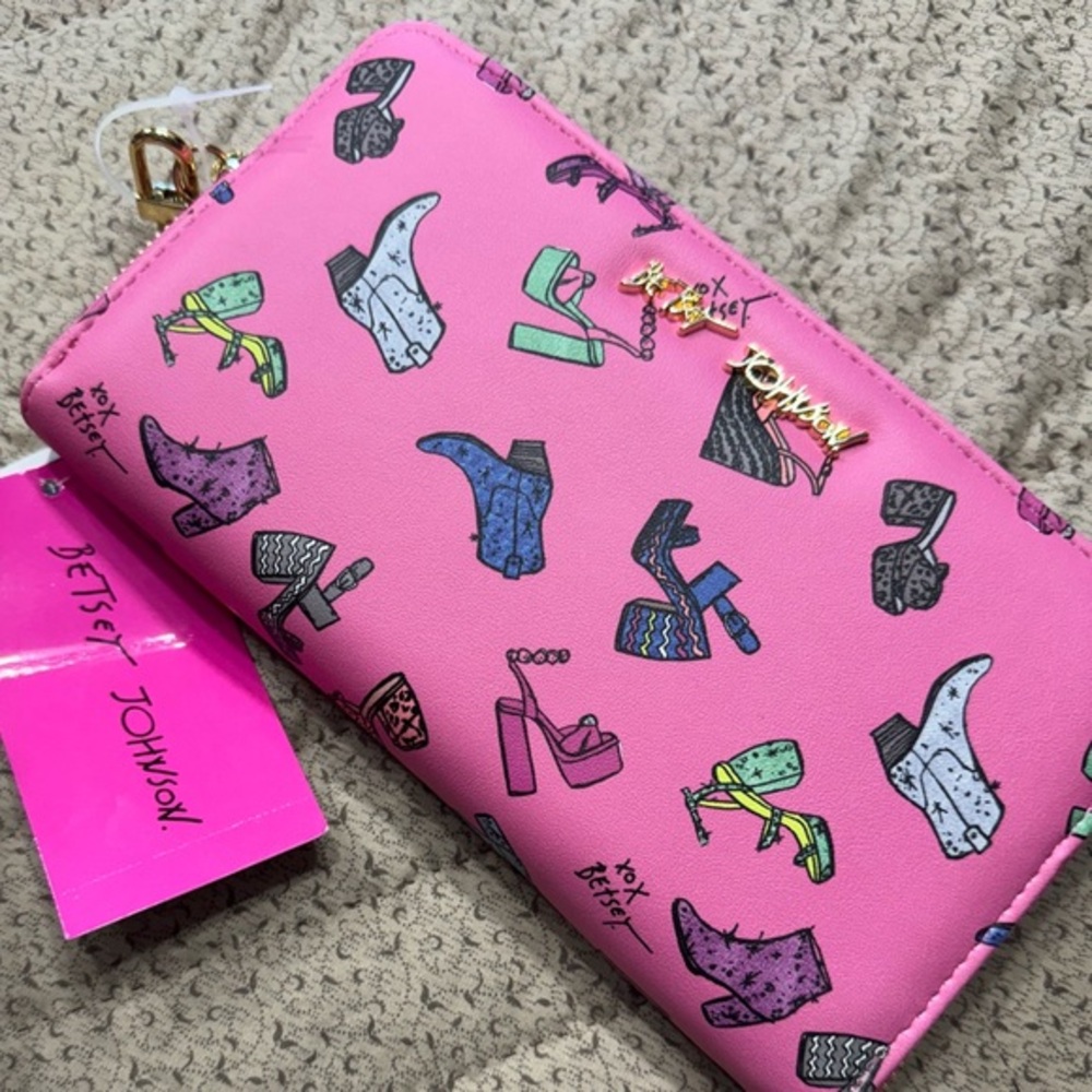 BETSEY JOHNSON pink wallet/clutch with cowboys boot print! LOTS of slots etc….